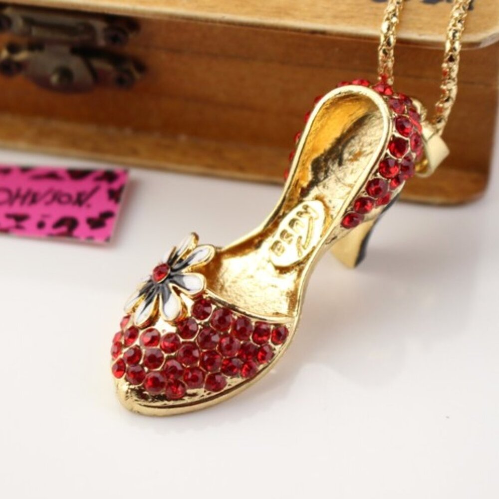 Betsey Johnson Rhinestone Flowers High heel Sweater Necklace